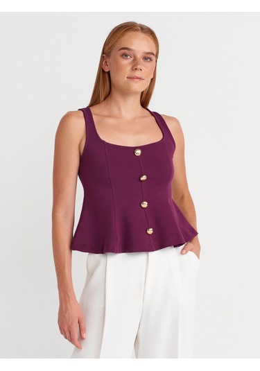 Dilvin 31979 Düğmeli Peplum Top-mor Mor