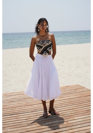 Dikiş Detay Maxi Etek Beyaz