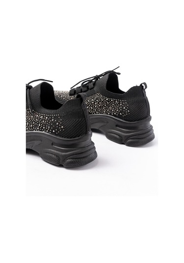3002 Siyah Bağcıklı Fileli Taş Aksesuarlı Günlük Spor Ayakkabı Beyaz