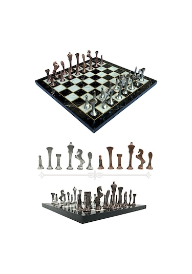Mc54 - Metal Satranç Takımı - 25cm Mermer Desenli Satranç Tahtası - Sertifikalı Antik Metal Taşlar