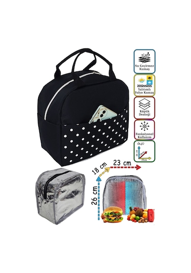 Anne Bebek Çocuk İçin Isı Yalıtımlı Termal Termoslu Yemek, Mama, Beslenme, Gıda Çantası Siyah Puantiye