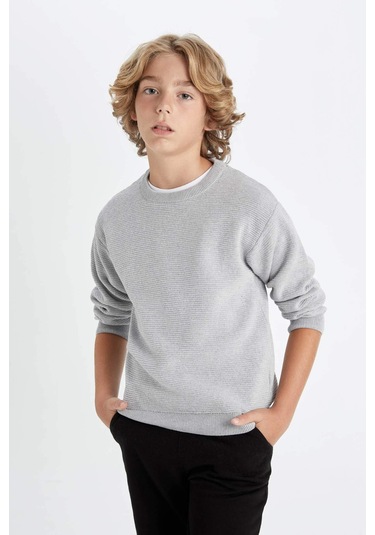 DeFacto Erkek Çocuk Gri Bisiklet Yaka Basic Düz Triko Kazak C8617A824WNGR210