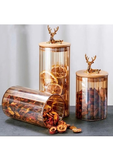 Morponi 3'lü Borosilikat Cam Geyik Figürlü Şık Çizgili Amber Cam Kavanoz Mutfak Seti 500-750-1000 Ml Amber