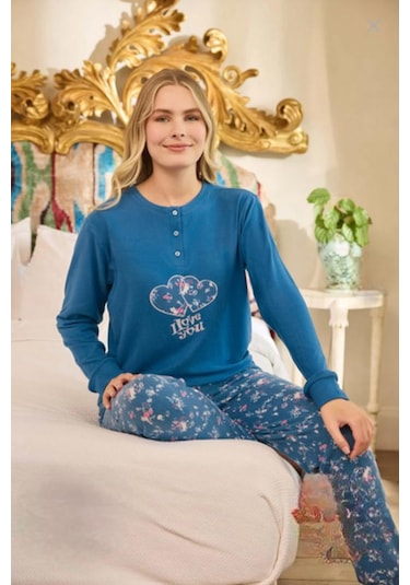 Aydoğan Kadın Düğme Yaka Termal Pijama Takımı 240674m- 1 Adet Mavi