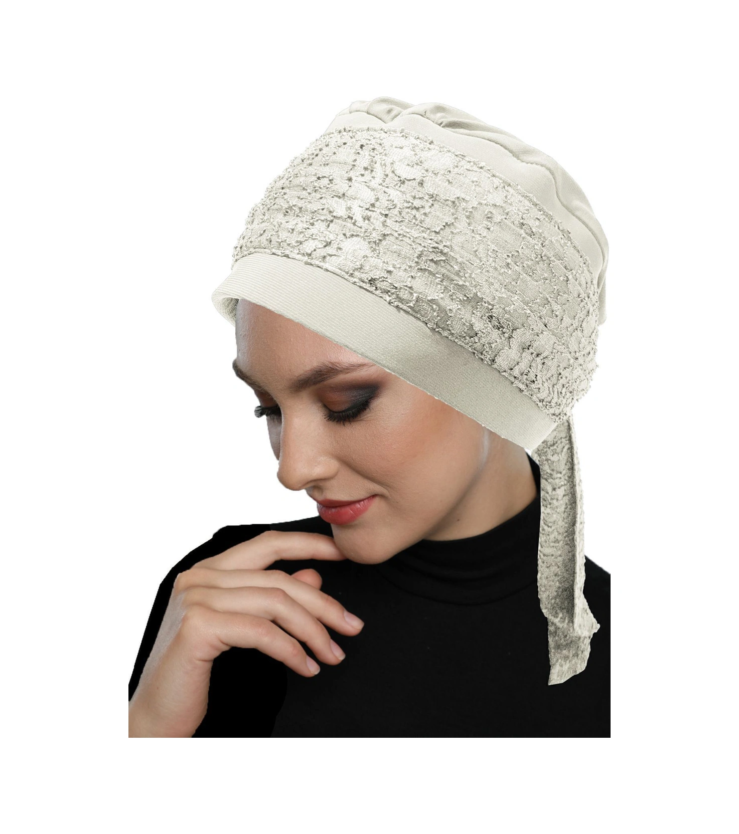 Dantel Bandana Krem Hazır Türban Tesettür Bone Krem