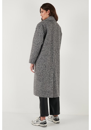 Lela Oversize Fit Mono Yaka Düğmeli Buklet Uzun Kaşe Bayan Kaban 6810236 Antrasit