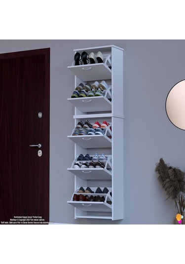 Modilayn Verve Asma Kapı Önü 52x194x26 Cm Lik 5 Düşer Kapak 10 Göz Bölmeli Ayakkabılık Beyaz