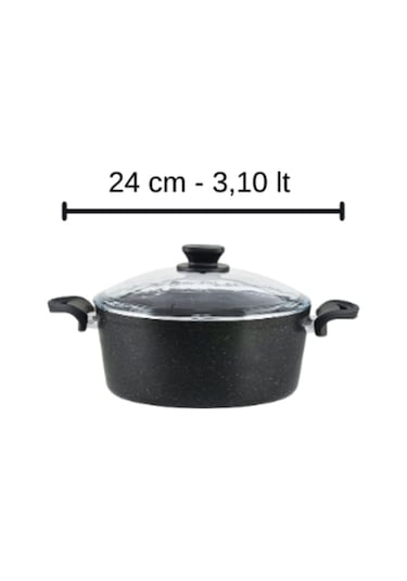 Diez 24 cm Granit Derin Tencere Siyah Cam Kapaklı Yapışmaz