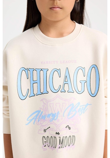 DeFacto Kız Çocuk Relax Fit Bisiklet Yaka Baskılı Sweatshirt D7046A824WNER99 Ekru