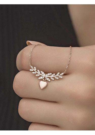 Brezza Lusso Jewelry 925 Ayar Gümüş Kalpli Zirkon Taşlı Zeytin Dalı Kadın Kolye 553612962 Ayarlanabilir