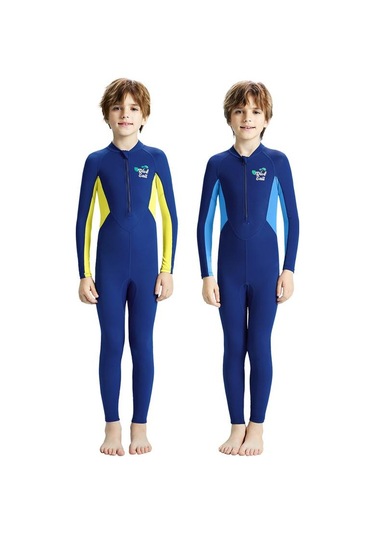 Dıve & Saıl Çocuk Açık Hava Güneş Kremi Hızlı Kuruyan Mayo Uzun Kollu Tek Parça Şnorkel Takım Elbise Mavi