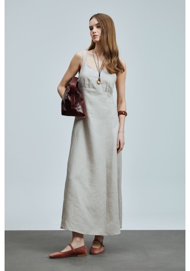Lufian Selene Kadın Askılı Keten Elbise Bej Bej 121290015100550 Bej