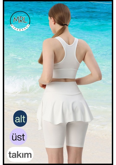 Kadın Mayo Takım Yüksek Bel Biker Etekli Şort Ve Pedli Crop Likralı Çabuk Kuruyan Kumaş Plaj Giyim Ekru