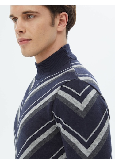 Kip Lacivert Yarım Balıkçı Yaka Desenli Pamuk Karışımlı Triko Çok Renkli