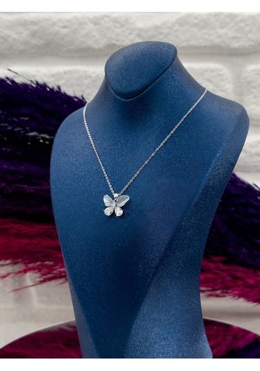 925 Ayar Gümüş Mineli Tasarım Kelebek Modeli Lüks Kadın Kolye Gümüş