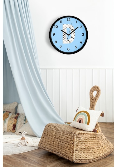 D Harfi Erkek Odası Duvar Saati - 30cm - Önü Camlı Siyah Kasa - Sessiz Mekanizma-jh1156 Siyah