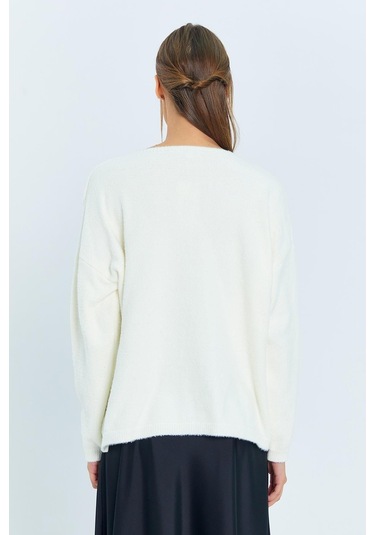 6901 Kadın Yumuşak Dokulu Basic Kazak Beyaz Beyaz