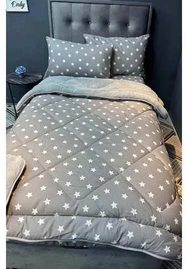 Tek Kişilik Lüx Çift Taraflı Pufidik Desenli Wellsoft Yorgan 155x215 + 1 Adet Yastık Kılıfı Açık Gri