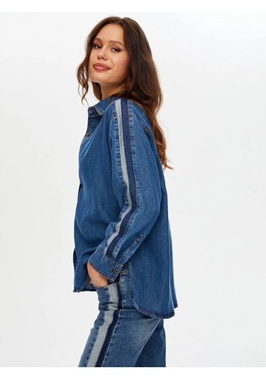 Faik Sönmez Kontrast Bant Detaylı Tenselli Kadın Jean Gömlek W26jgm001 İndigo