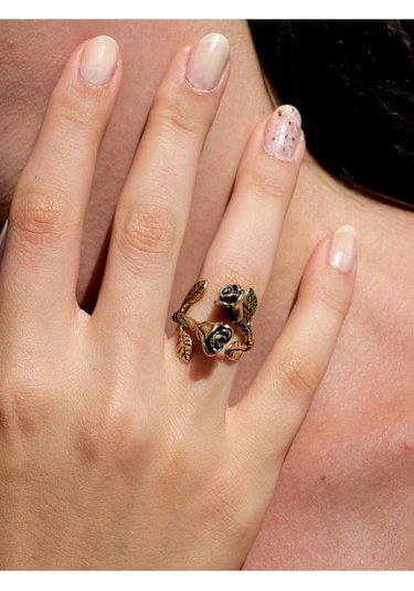 Ikili Gül Işlemeli Antik Eskitme Ayarlanabilir Kadın Yüzük Euy9 Sarı