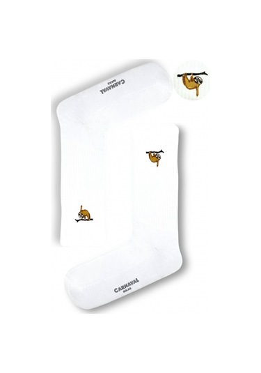 Nakışlı Tembel Hayvan Desenli Beyaz Erkek Çorap Beyaz