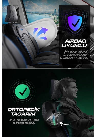 Füme - Mavi Panda Sevılla Serısı Keten Kumaş Oto Koltuk Kılıfı - Tam Set