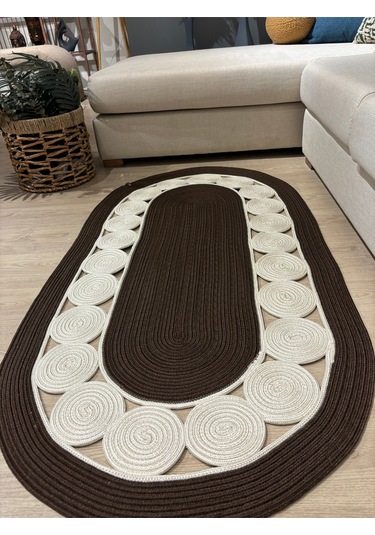 Cookie Jüt Hasırlı El Örgüsü Kilim Kahverengi - Krem