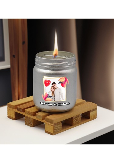 Bk Gift Kişiye Özel Dtf Fotoğraflı İsimli Gümüş Renkli Cam Kavanozda Kokulu Mum-1, Arkadaşa Hediye, Sevgiliye Hediye, Doğum Günü Hediyesi