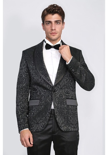 Damask Desenli S Al Yaka Siyah Smokin - Wessi Siyah