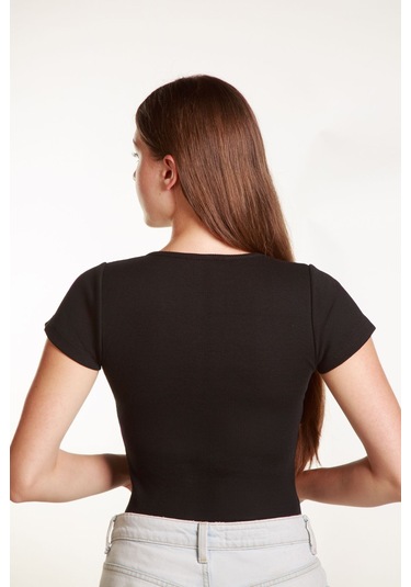 Kadın Basic Fitilli Likralı V Yaka Kollu Tshirt Atlet Bluz Siyah