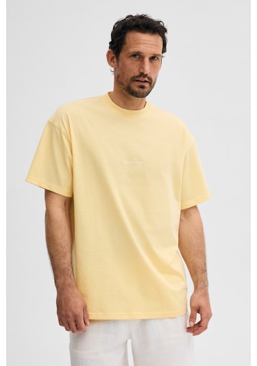 Grimelange Rıver Erkek Oversize Fit Bol Kesim Nakış İşlemeli Basic Örme Açık Sarı T-shirt