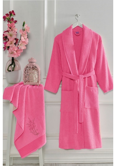 Şalyaka Kadın Erkek Pamuklu Havlulu Banyo Bornoz Takımı Fuşya