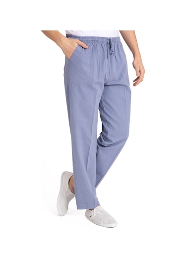 Erkek Ham Bez Lastikli Yüksek Bel Rahat Kalıp %100 Natural Pamuk Eşofman Alt Pantolon Alt Giyim 2188-İndigo