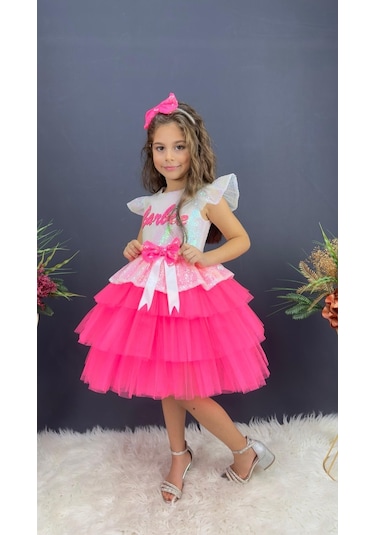 Barbie Beyaz Taçlı Kız Çocuk Doğum Günü Parti Elbisesi Abiye - Beyaz
