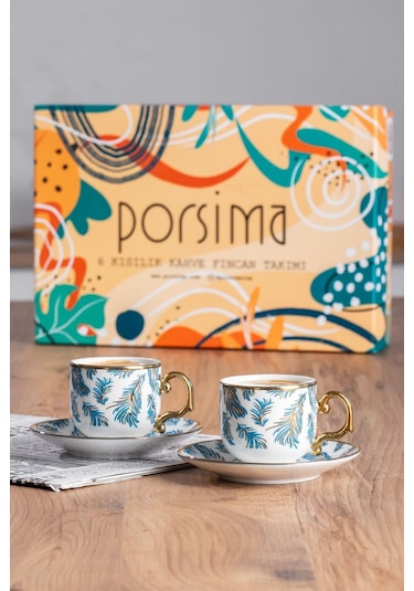 Porsima Yalın Altın Yaldızlı 6 Kişilik 12 Parça Fincan Seti Türk Kahvesi Takımı Kahve Fincanı Gül Kurusu
