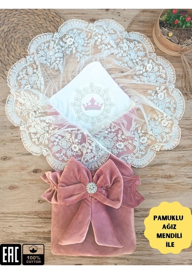 Kadife Kız Bebek Battaniyesi Dantelli Kundak Hastane Çıkışı Yenidoğan %100 Doğal Pamuktan Hediyelik Gülkurusu
