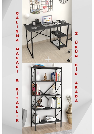 2 Raflı Çalışma Masası Bilgisayar Masası Ofis Masası + 5 Raf Antrasit