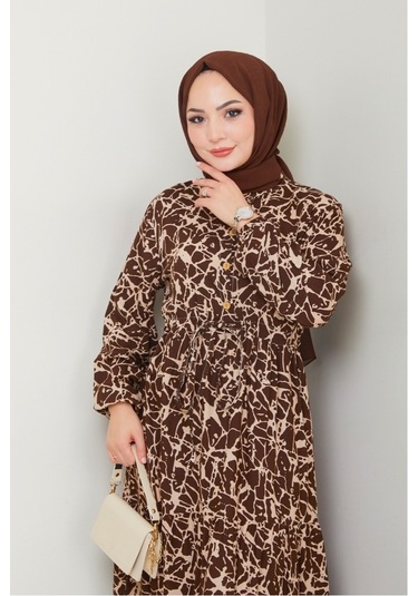 Sevil Yarım Düğmeli Dokuma Viskon Elbise 1504 - Acı Kahve Acı Kahverengi