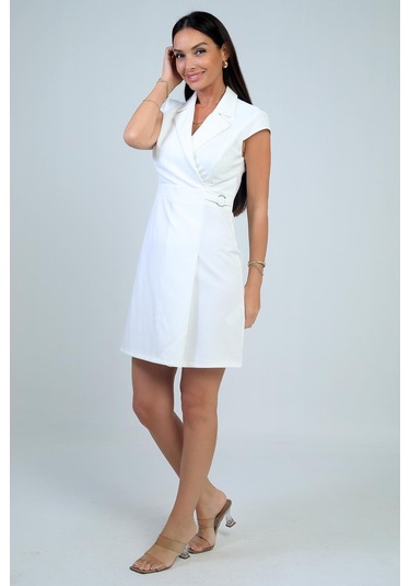 Kadın Kruvaze Yaka Toka Detaylı Eteği Pileli Likralı Krep Elbise-41677 Ekru