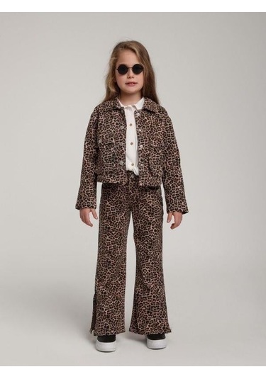 Kız Çocuk Cepli Leopar Kot Ceket-15588 Kahverengi