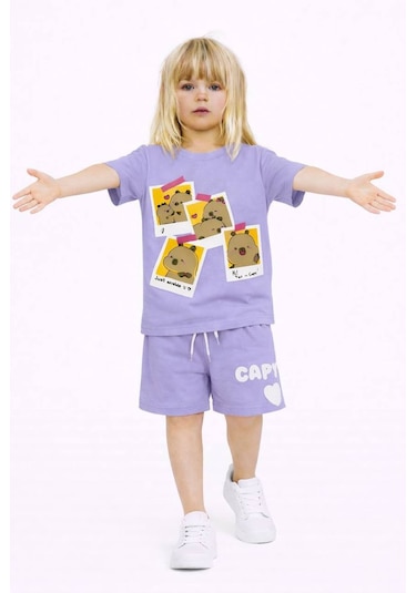 Miniko Kids Kız Çocuk Capybara Modelli Pamul Şortlu Takım Lila