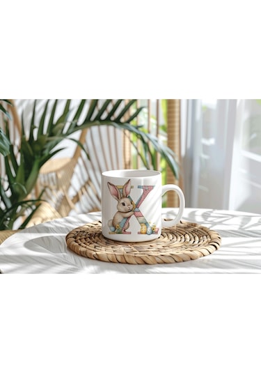 X Harfli Tavşan Kupa - Patchwork / Yamalı Desenli İsme Özel Kupa - Pastel Vintage Tarz Hediyelik 07 Beyaz