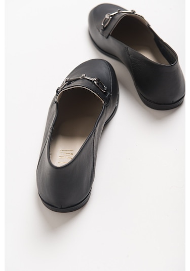 Luvishoes F03 Hakiki Deri Kadın Loafer Ayakkabı Siyah Cilt Siyah