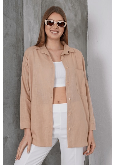 Paw Garage Kadın London Keten Tek Cepli Oversize Gömlek, Premium Kalite Keten Gömlek Açık Kahve