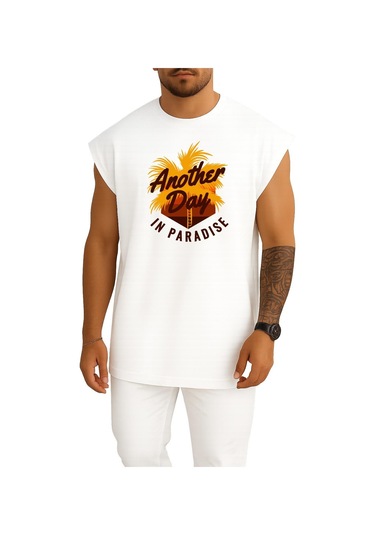 Oversize Başka Zaman Belki Cennette Karşılarışırız Göğüs Tasarımlı Atlet Beyaz