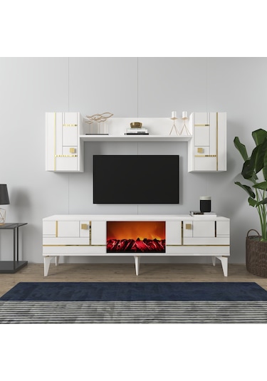 Maddera Şömineli Tv Ünitesi Takımı Beyaz-altın