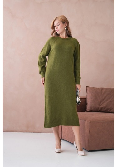 Kadın Bisiklet Yaka Yumuşak Dokulu Maksi Boy Şardonlu Oversize Triko Elbise 8324sw Haki