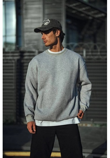 Kışlık Bisiklet Yaka Üç İplik Basic Sweatshirt - Gri Siyah