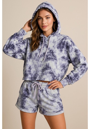 Kadın Lila Kapüşonlu Sweatshirt-şortlu Alt Üst Takım Oversize Batik Desen İkili Takım Çok Renkli
