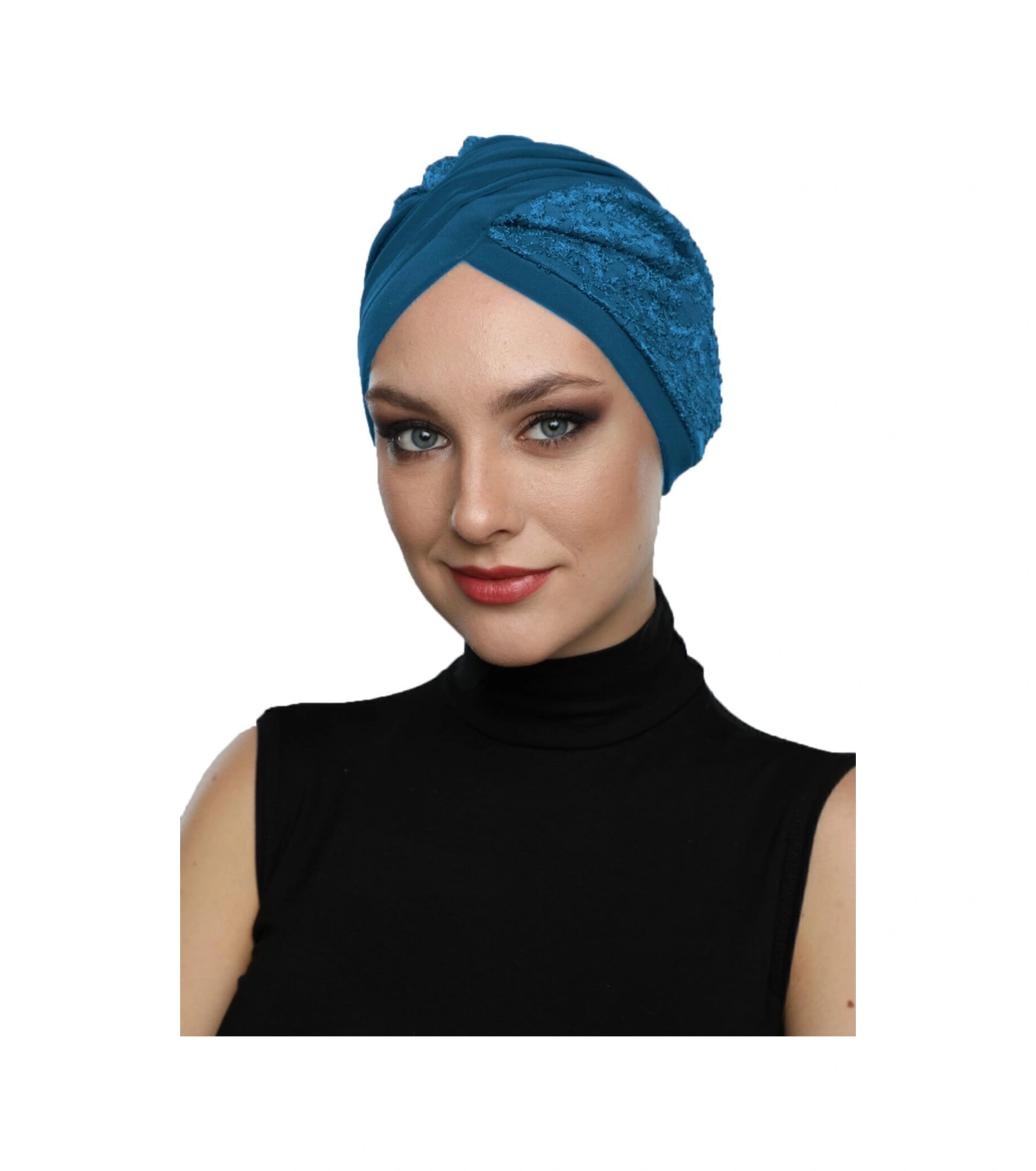 Çapraz Dantel Petrol Hazır Türban Tesettür Havuz Bonesi Petrol